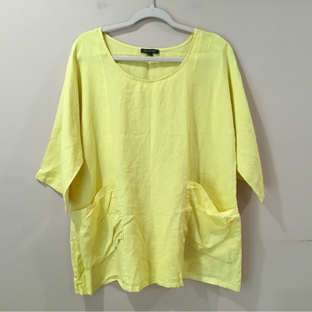 For Cynthia Women's Large Bright Yellow 100% Linen 3/4 Sleeve Tunic Top Coastal